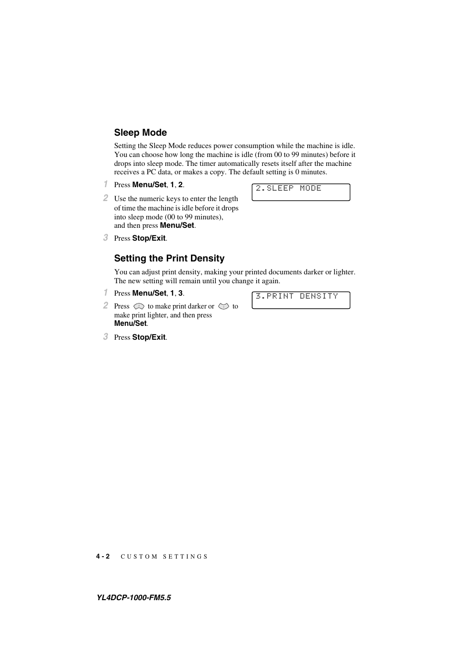Sleep mode, Setting the print density, Sleep mode -2 setting the print density -2 | Brother DCP 1000 User Manual | Page 36 / 139