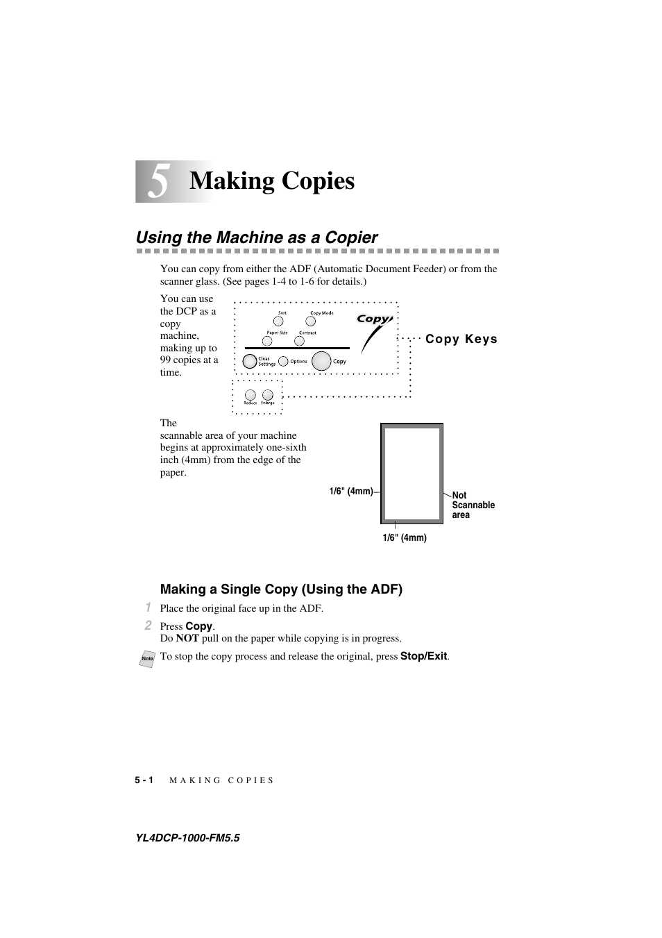 5making copies, Using the machine as a copier, Making a single copy (using the adf) | Making copies -1, Using the machine as a copier -1, Making a single copy (using the adf) -1, Making copies | Brother DCP 1000 User Manual | Page 38 / 139