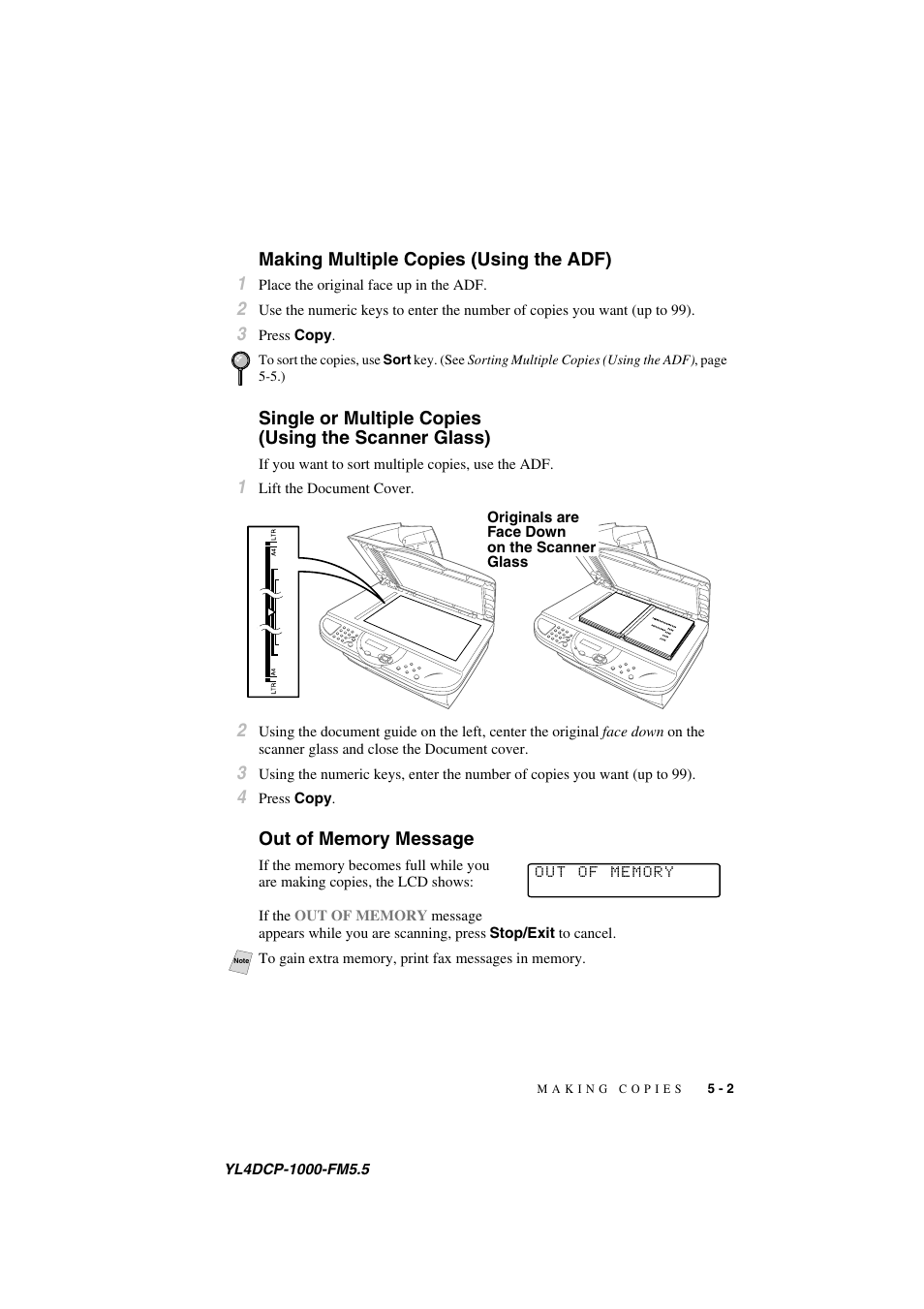Making multiple copies (using the adf), Out of memory message, Using the scanner glass) -2 | Out of memory message -2, Making multiple copies (using the adf) 1 | Brother DCP 1000 User Manual | Page 39 / 139