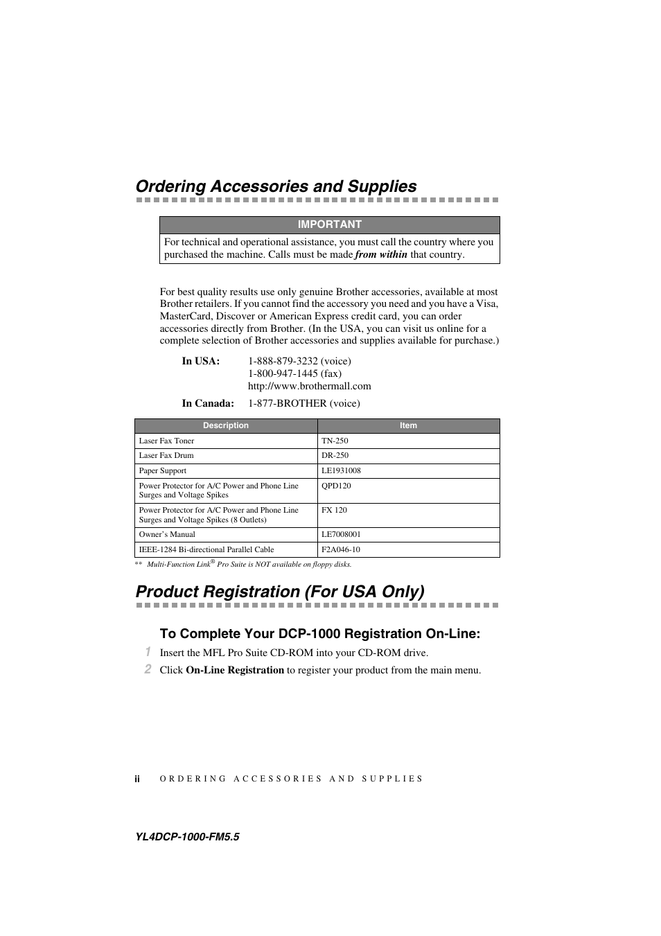 Ordering accessories and supplies, Product registration (for usa only), To complete your dcp-1000 registration on-line | Brother DCP 1000 User Manual | Page 4 / 139