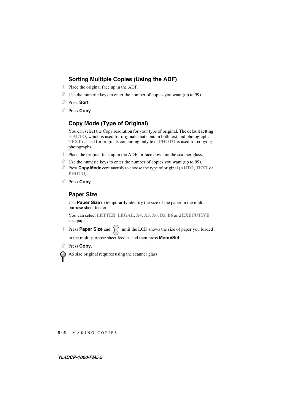 Sorting multiple copies (using the adf), Copy mode (type of original), Paper size | Brother DCP 1000 User Manual | Page 42 / 139