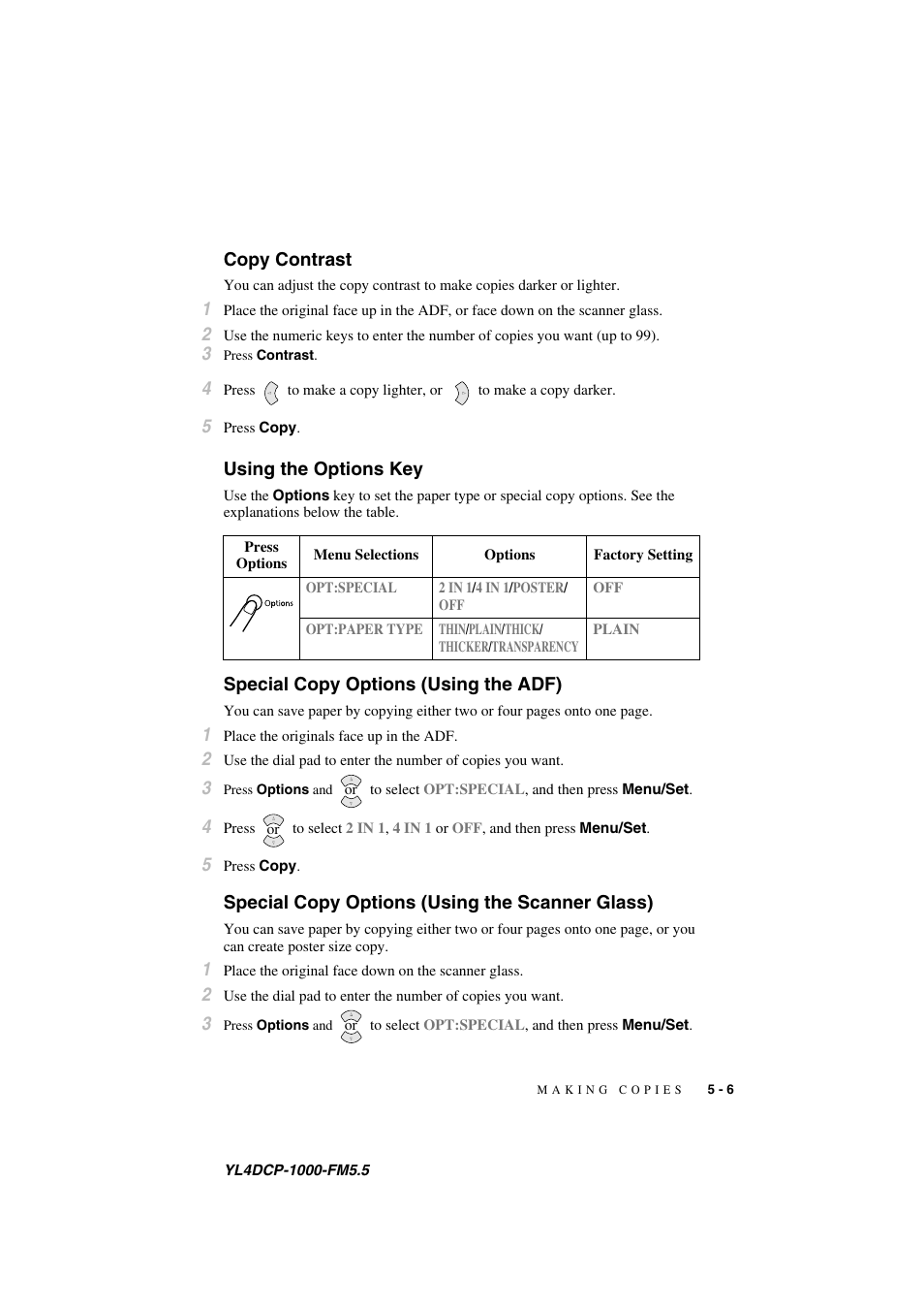 Copy contrast, Using the options key, Special copy options (using the adf) | Special copy options (using the scanner glass) | Brother DCP 1000 User Manual | Page 43 / 139