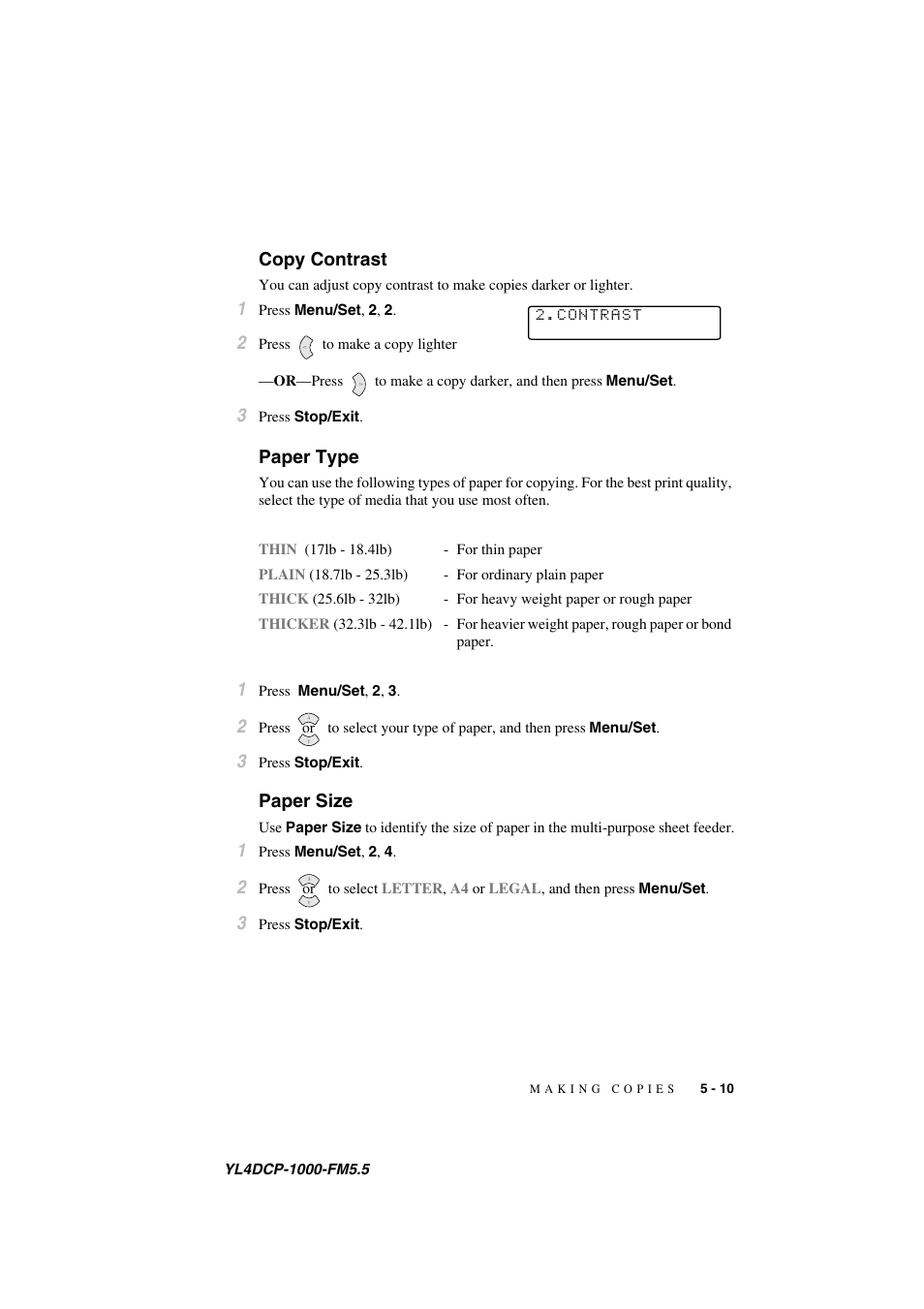 Copy contrast, Paper type, Paper size | Copy contrast -10 paper type -10 paper size -10 | Brother DCP 1000 User Manual | Page 47 / 139