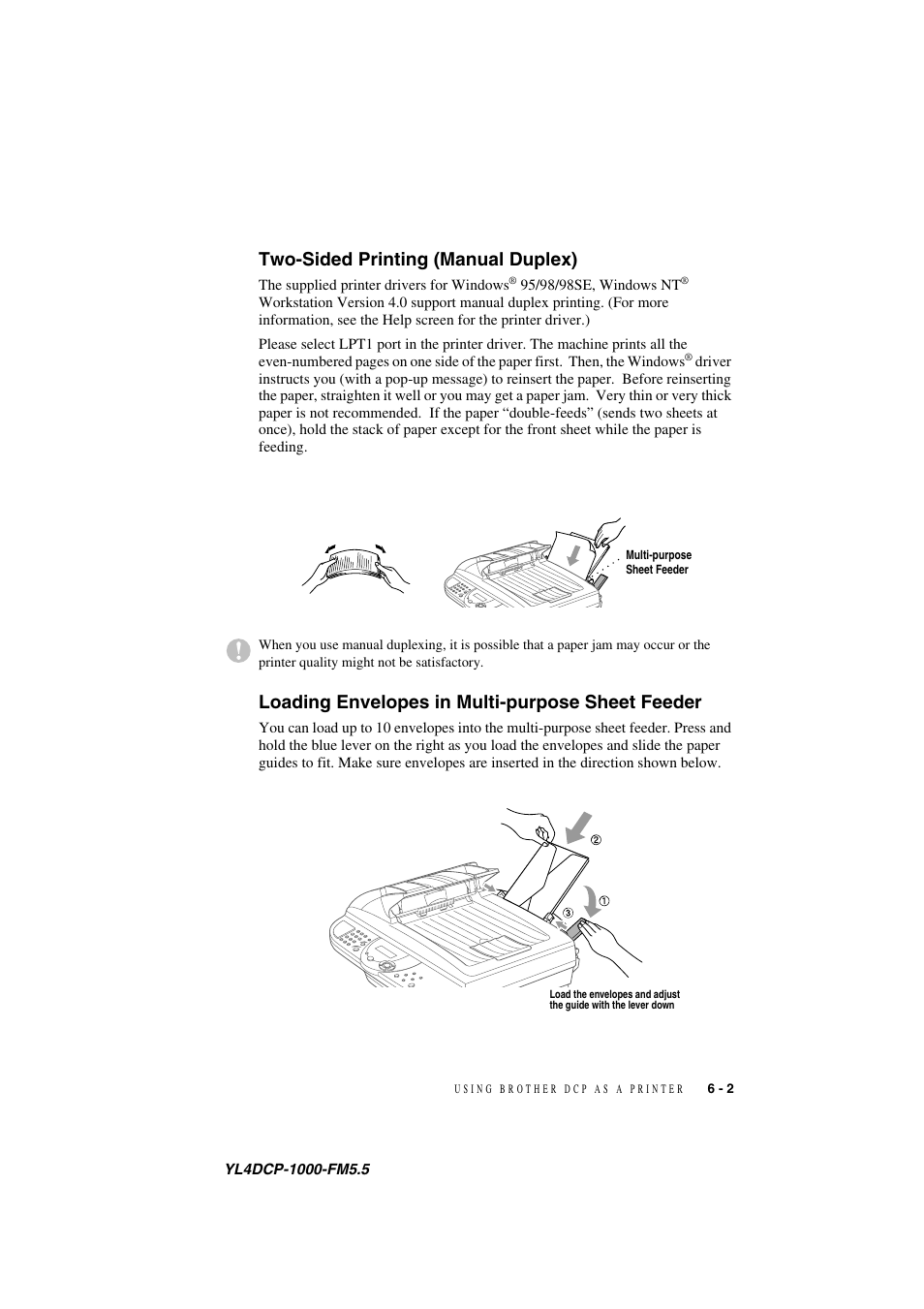 Two-sided printing (manual duplex), Loading envelopes in multi-purpose sheet feeder | Brother DCP 1000 User Manual | Page 49 / 139