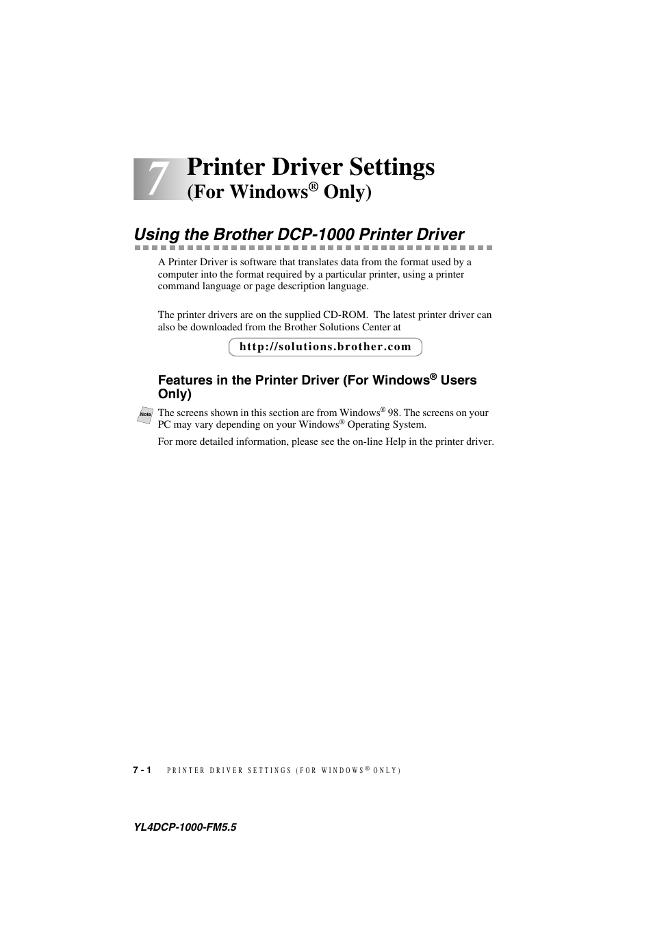 7printer driver settings (for windows® only), Using the brother dcp-1000 printer driver, Printer driver settings (for windows | Using the brother dcp-1000 printer driver -1, Features in the printer driver (for windows, Printer driver settings, For windows, Only) | Brother DCP 1000 User Manual | Page 52 / 139