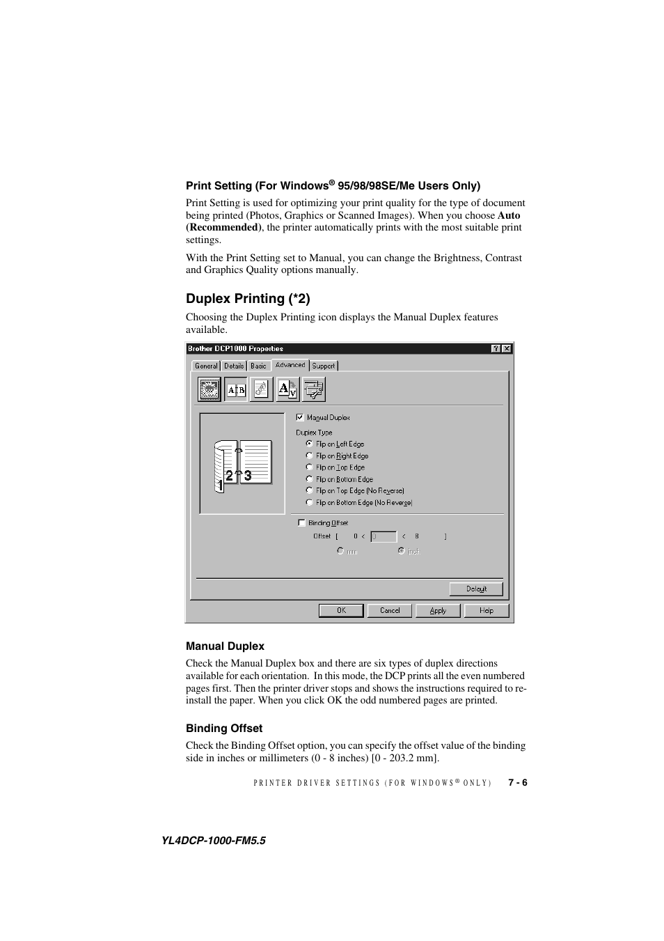 Duplex printing (*2), Manual duplex, Binding offset | Print setting, For windows, Duplex printing (*2) -6, Manual duplex -6 binding offset -6 | Brother DCP 1000 User Manual | Page 57 / 139