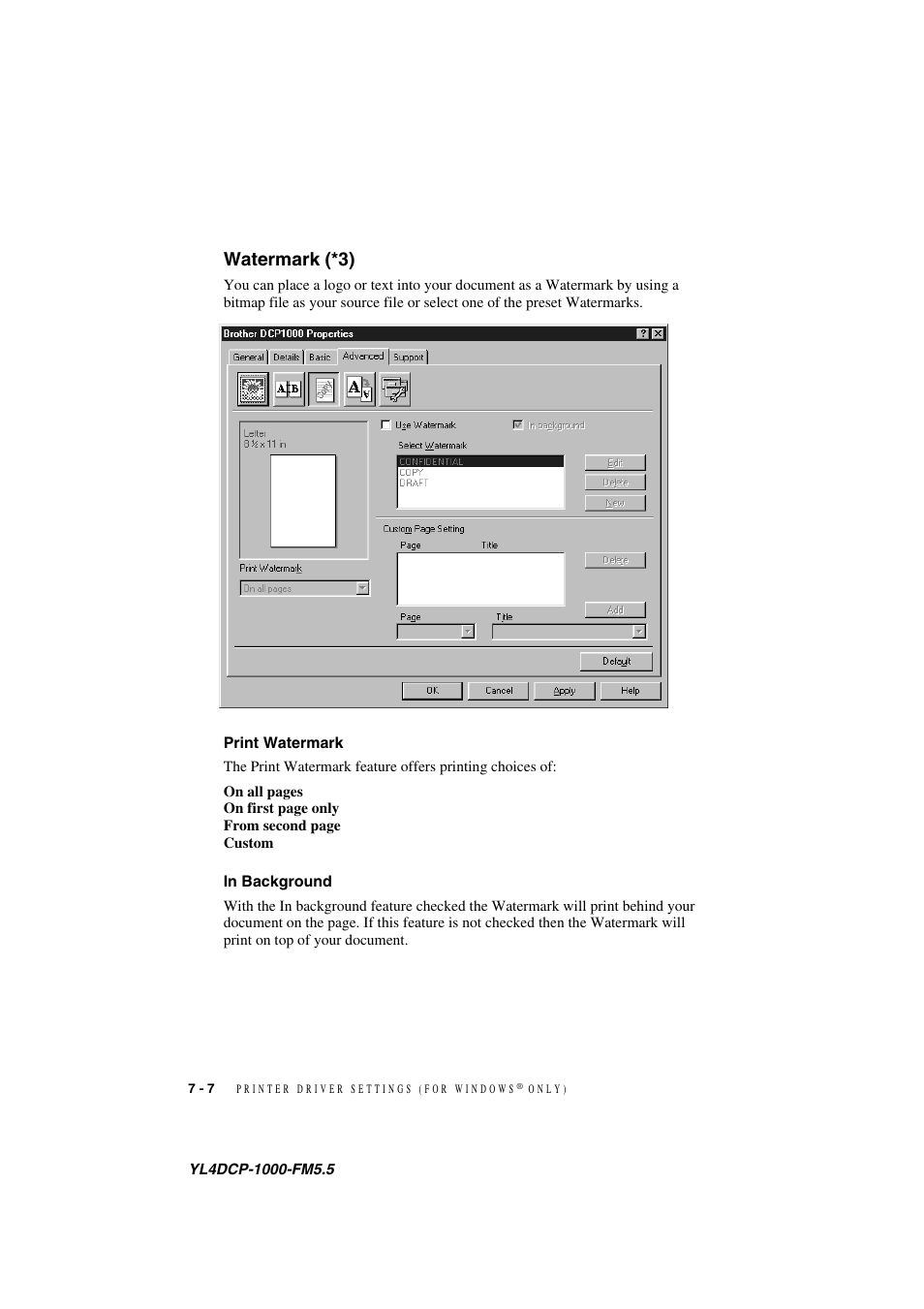 Watermark (*3), Print watermark, In background | Watermark (*3) -7, Print watermark -7 in background -7 | Brother DCP 1000 User Manual | Page 58 / 139