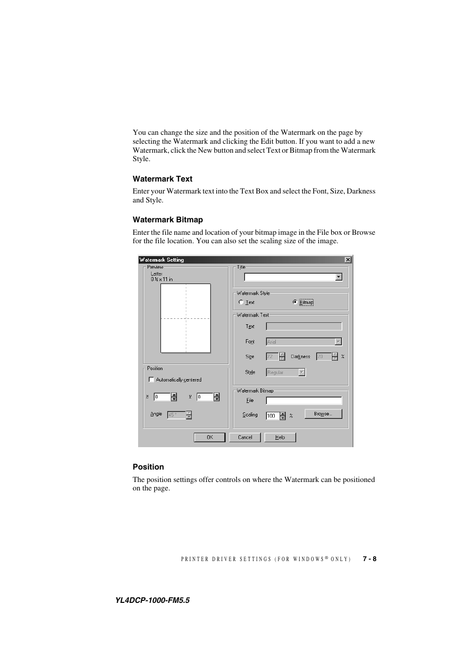 Watermark text, Watermark bitmap, Position | Watermark text -8 watermark bitmap -8 position -8 | Brother DCP 1000 User Manual | Page 59 / 139