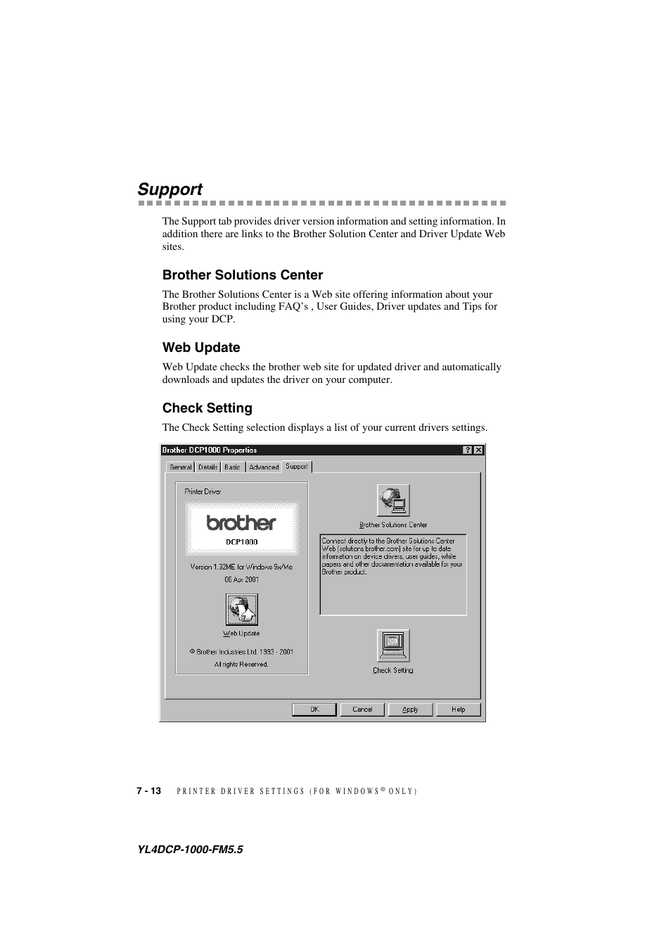 Support, Brother solutions center, Web update | Check setting, Support -13 | Brother DCP 1000 User Manual | Page 64 / 139