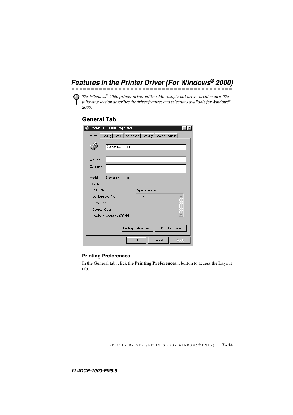 Features in the printer driver (for windows® 2000), General tab, Printing preferences | Features in the printer driver (for windows, General tab -14, Printing preferences -14 | Brother DCP 1000 User Manual | Page 65 / 139