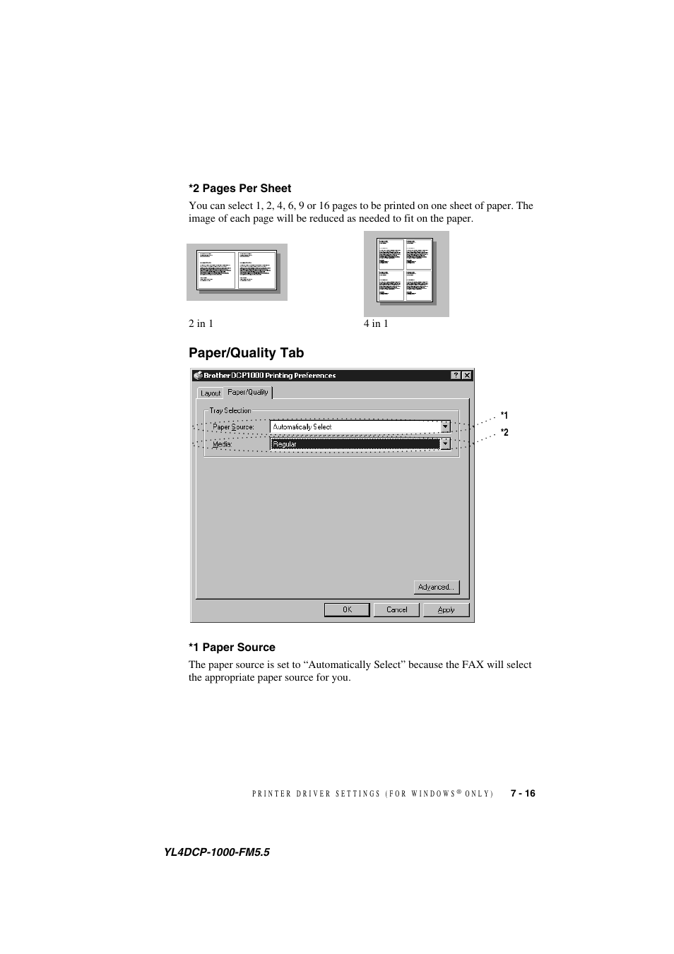 Paper/quality tab, 1 paper source, Paper/quality tab -16 | 1 paper source -16 | Brother DCP 1000 User Manual | Page 67 / 139