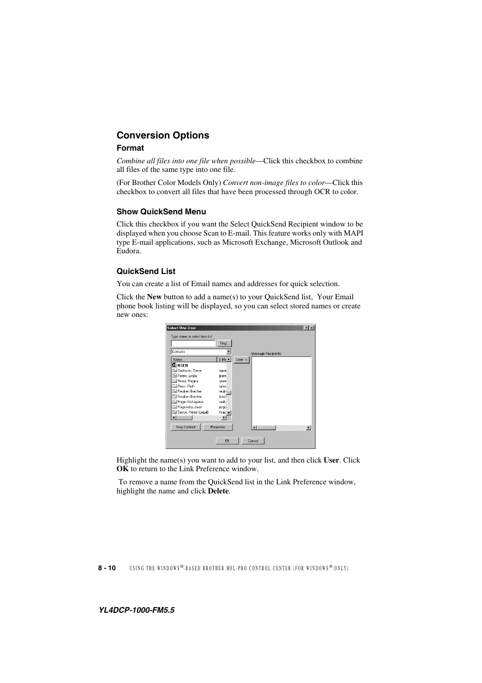 Conversion options, Format, Show quicksend menu | Quicksend list, Conversion options -10 | Brother DCP 1000 User Manual | Page 80 / 139