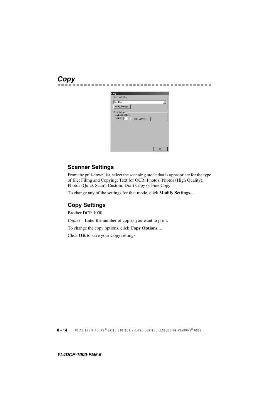 Copy, Scanner settings, Copy settings | Copy -14, Scanner settings -14 copy settings -14 | Brother DCP 1000 User Manual | Page 84 / 139