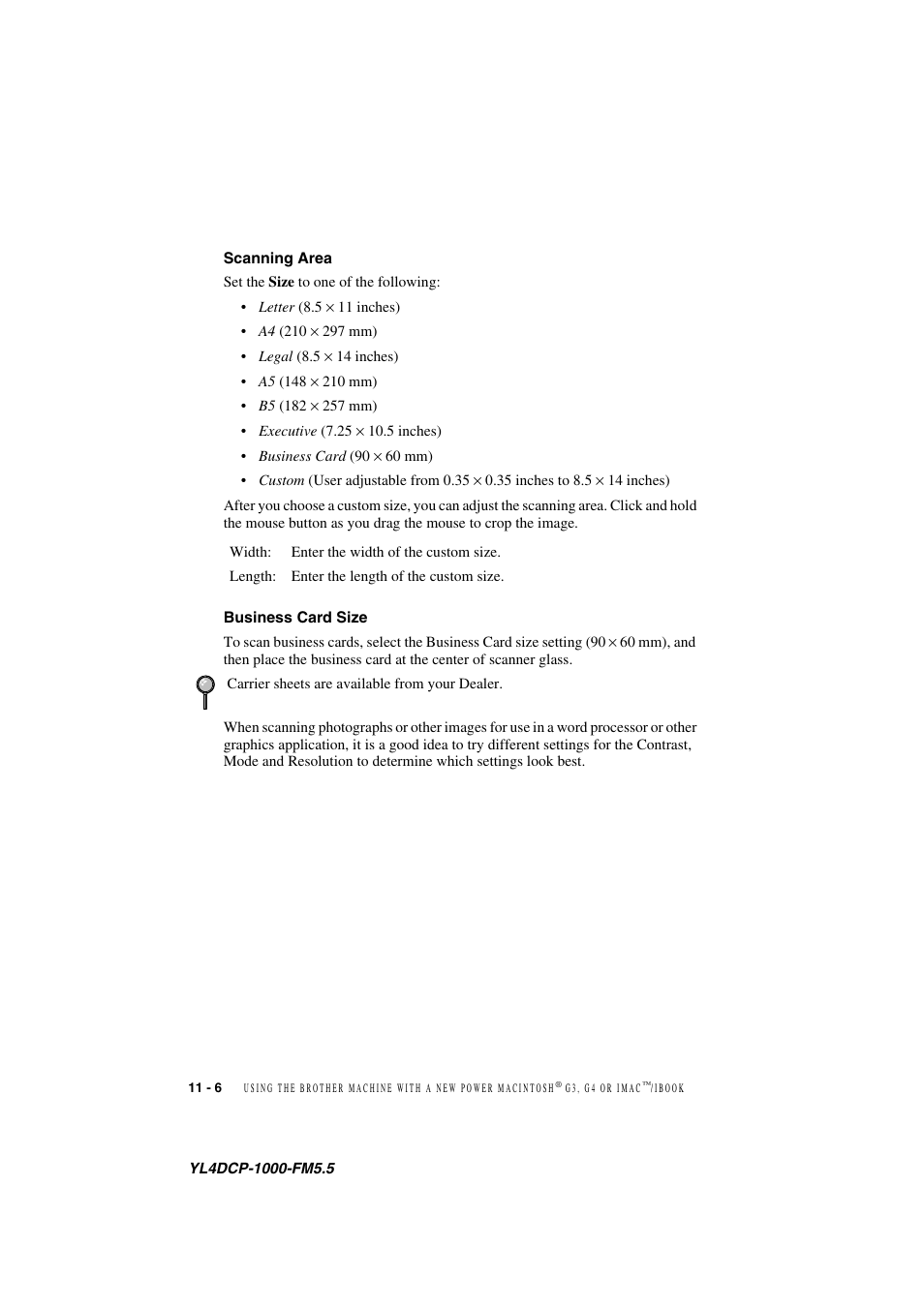 Scanning area, Business card size, Scanning area -6 business card size -6 | Brother DCP 1000 User Manual | Page 98 / 139