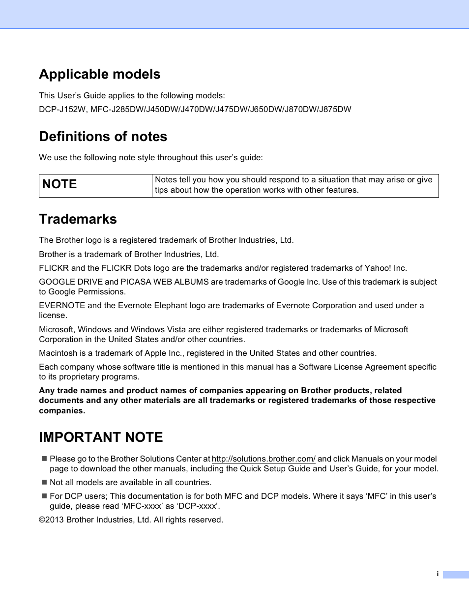 Applicable models, Definitions of notes, Trademarks | Important note | Brother DCP-J152W User Manual | Page 2 / 56