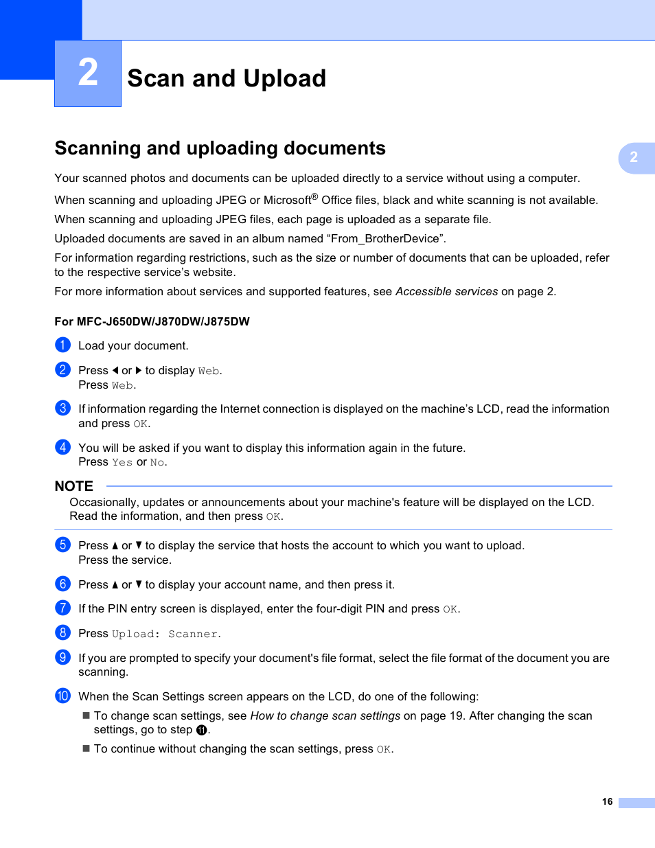 2 scan and upload, Scanning and uploading documents, Scan and upload | Brother DCP-J152W User Manual | Page 20 / 56