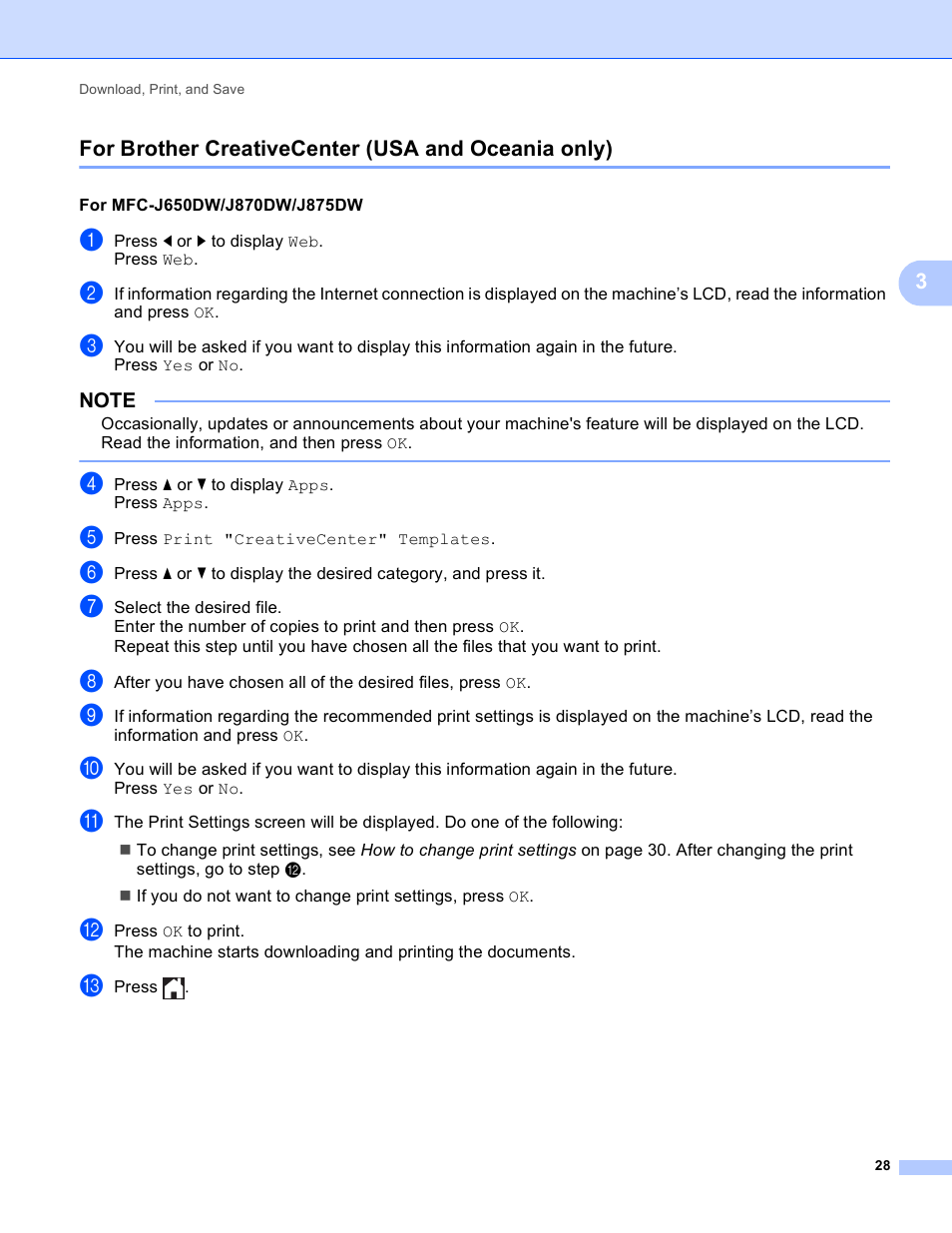 For brother creativecenter (usa and oceania only), 3for brother creativecenter (usa and oceania only) | Brother DCP-J152W User Manual | Page 32 / 56