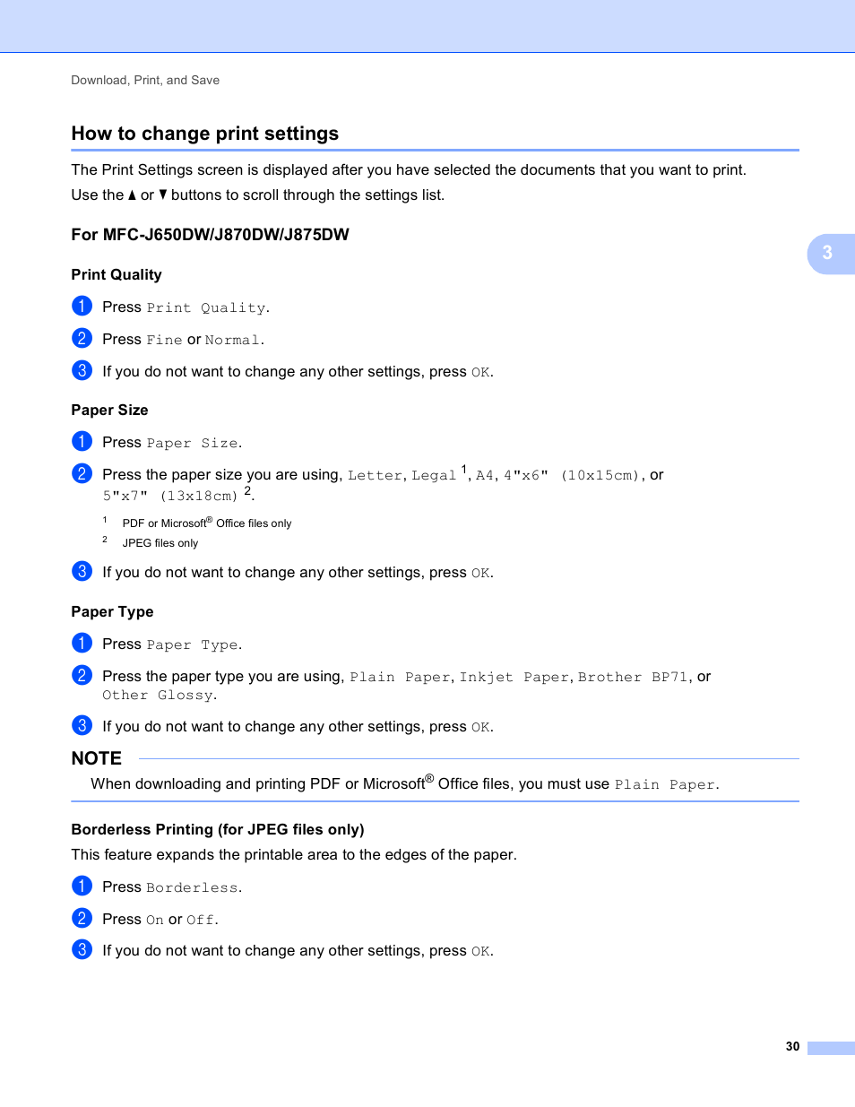 How to change print settings, For mfc-j650dw/j870dw/j875dw, 3how to change print settings | Brother DCP-J152W User Manual | Page 34 / 56
