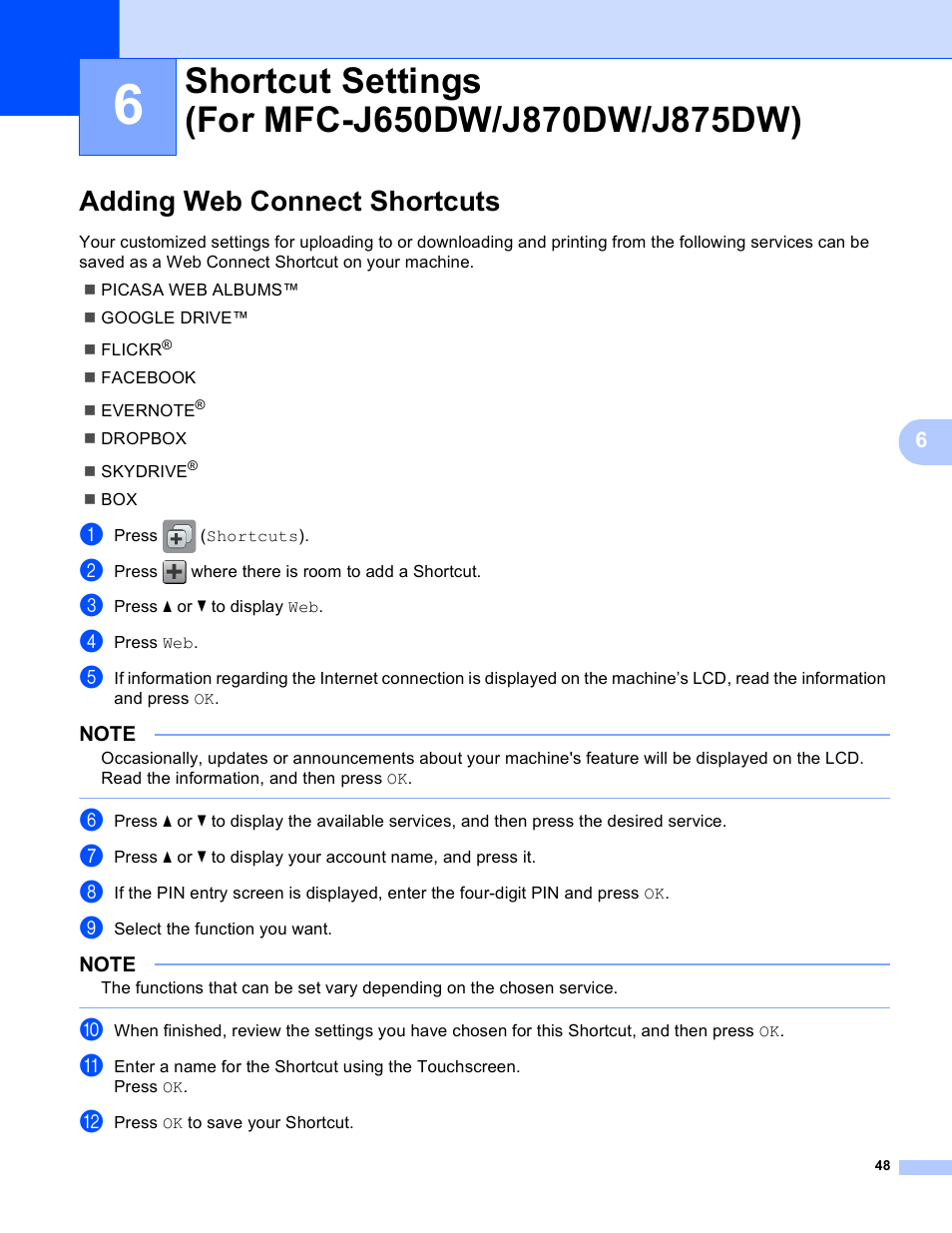 6 shortcut settings (for mfc-j650dw/j870dw/j875dw), Adding web connect shortcuts, Shortcut settings (for mfc-j650dw/j870dw/j875dw) | Brother DCP-J152W User Manual | Page 52 / 56