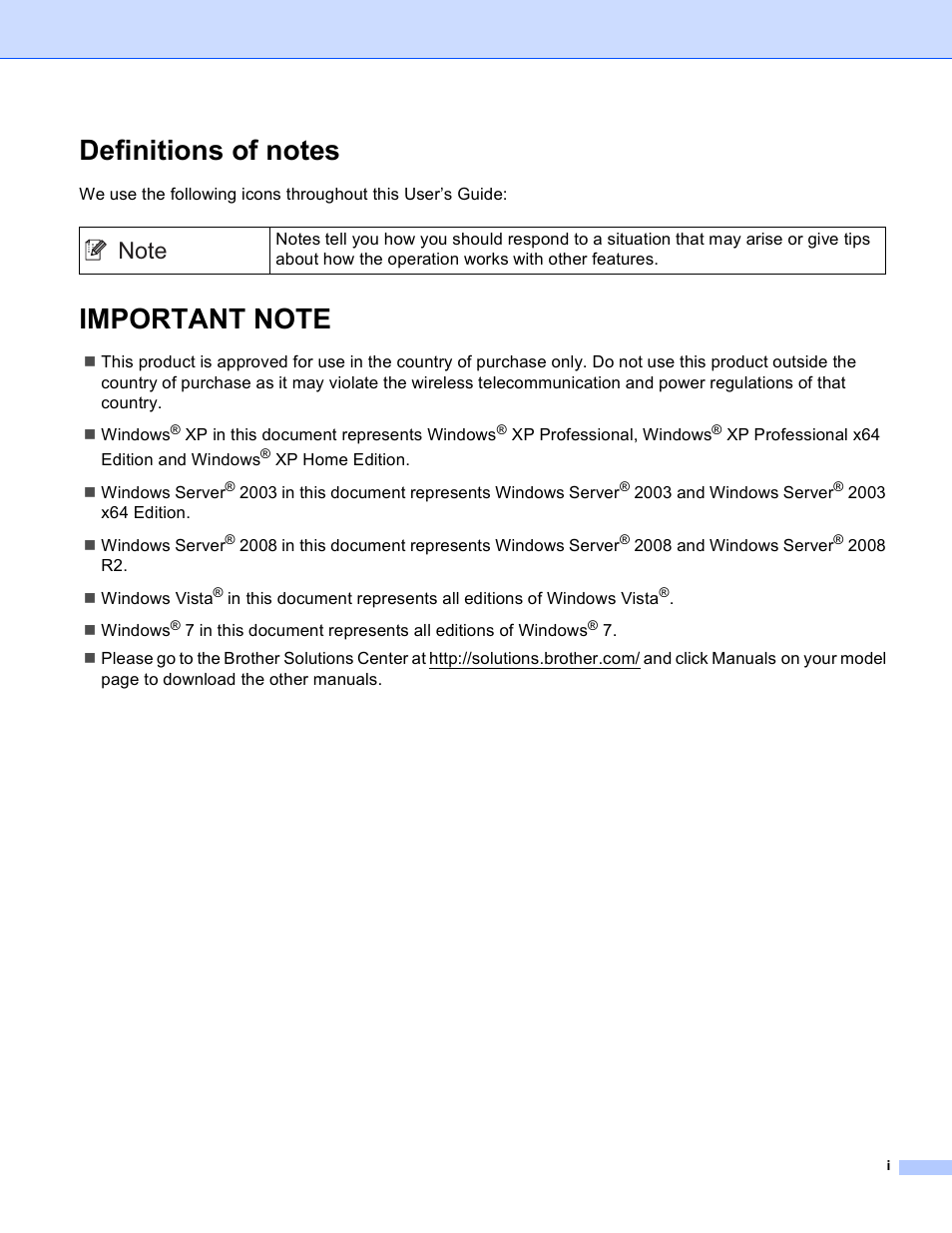 Definitions of notes, Important note | Brother MFC-9460CDN User Manual | Page 2 / 43