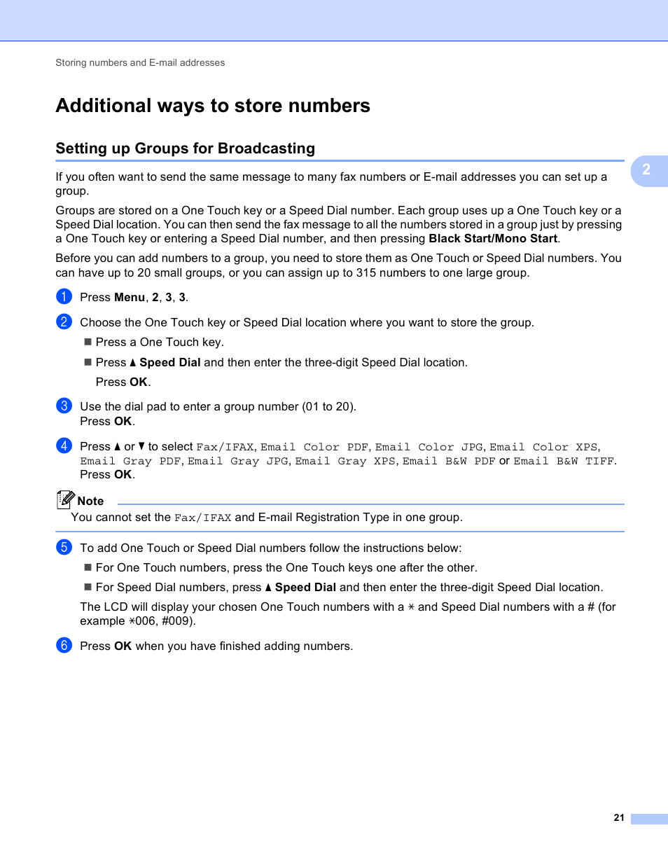 Additional ways to store numbers, Setting up groups for broadcasting | Brother MFC-9460CDN User Manual | Page 24 / 43