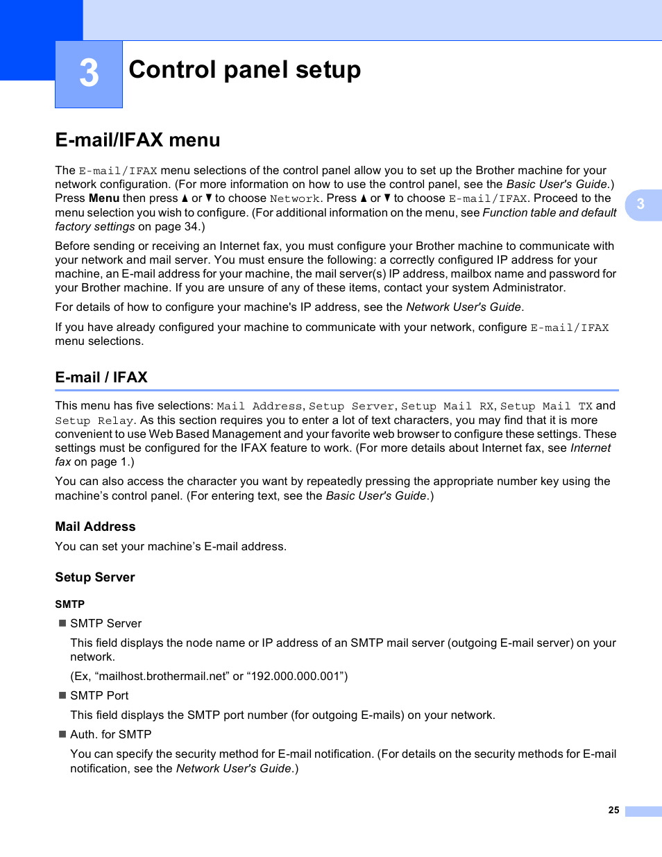 3 control panel setup, E-mail/ifax menu, E-mail / ifax | Mail address, Setup server, Smtp, Control panel setup | Brother MFC-9460CDN User Manual | Page 28 / 43