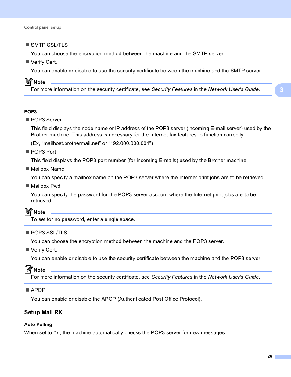 Pop3, Setup mail rx, Auto polling | Brother MFC-9460CDN User Manual | Page 29 / 43