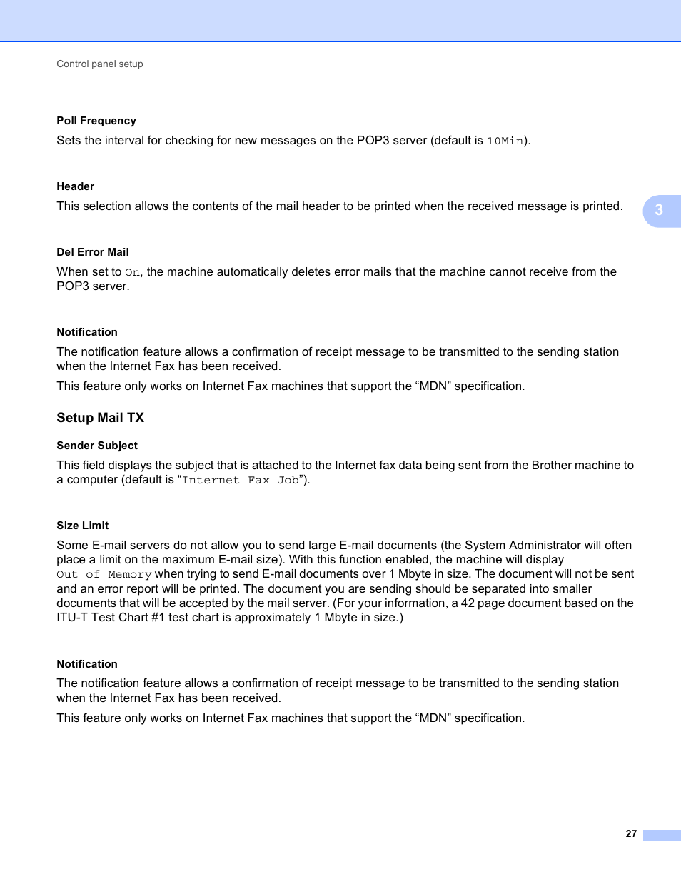 Poll frequency, Header, Del error mail | Notification, Setup mail tx, Sender subject, Size limit | Brother MFC-9460CDN User Manual | Page 30 / 43