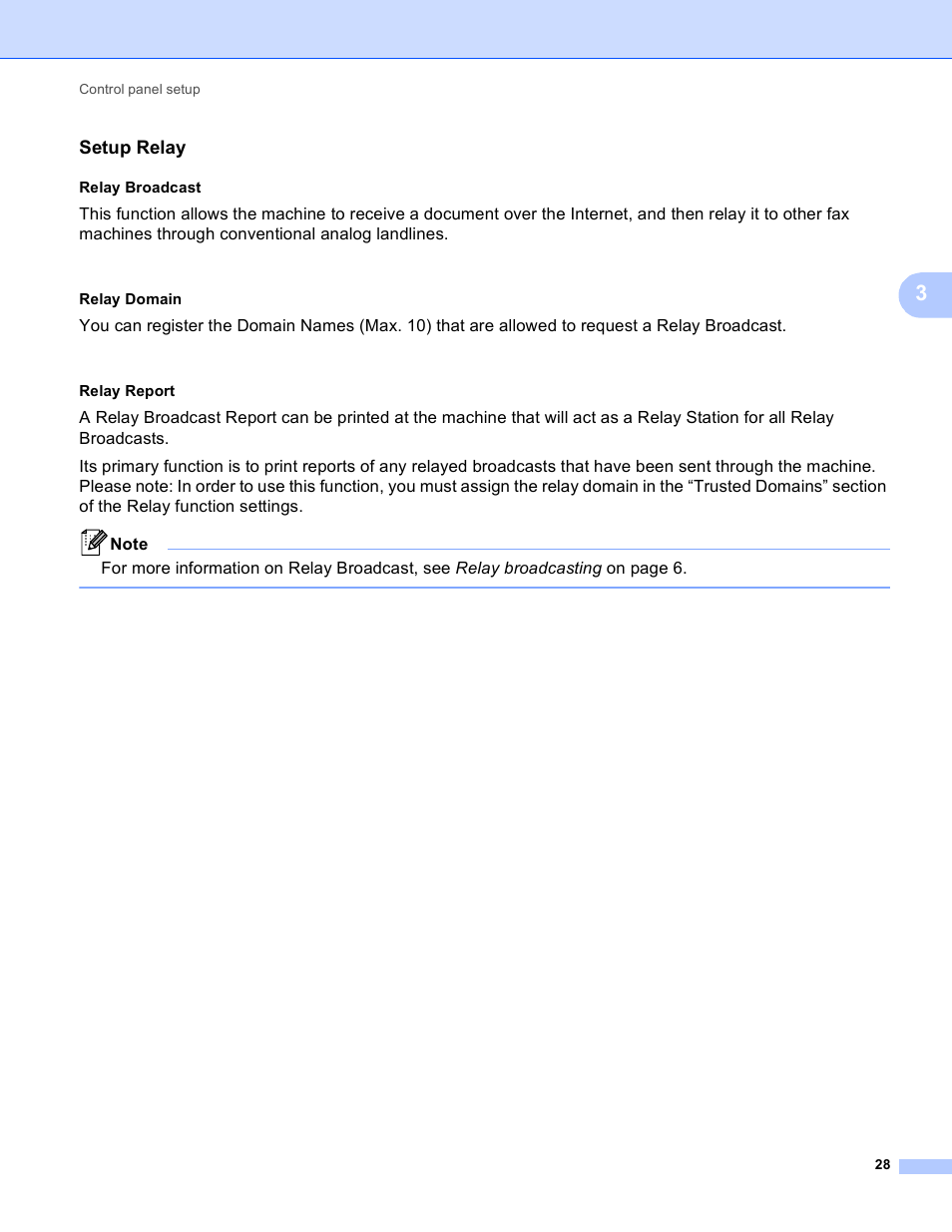 Setup relay, Relay broadcast, Relay domain | Relay report | Brother MFC-9460CDN User Manual | Page 31 / 43