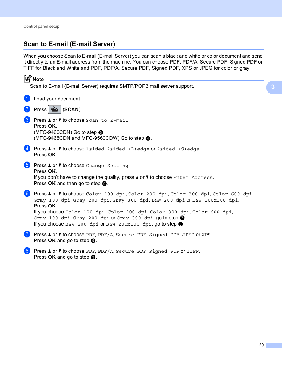 Scan to e-mail (e-mail server), 3scan to e-mail (e-mail server) | Brother MFC-9460CDN User Manual | Page 32 / 43