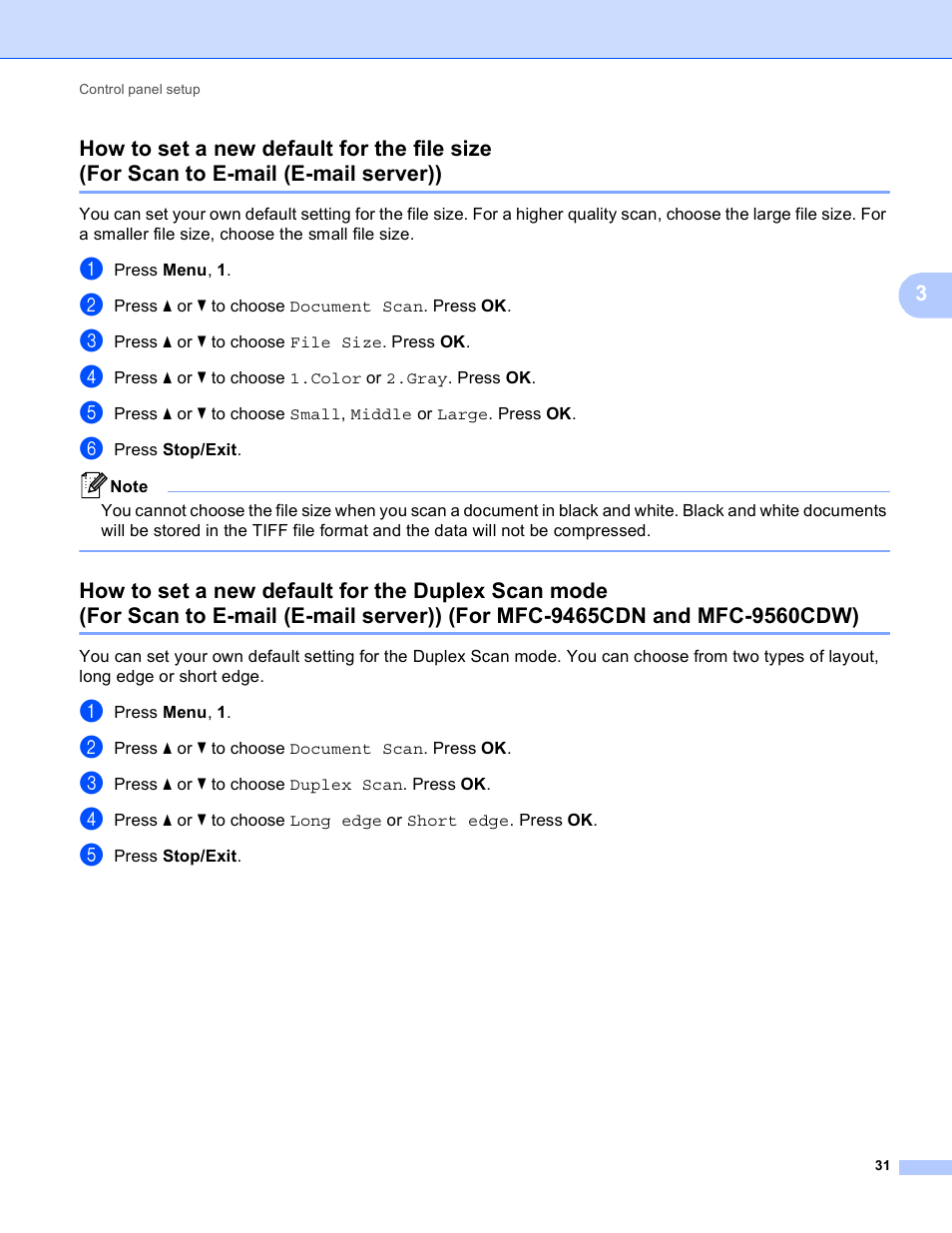 How to set a new default for the file size, For scan to e-mail (e-mail server)), How to set a new default for the duplex scan mode | Brother MFC-9460CDN User Manual | Page 34 / 43
