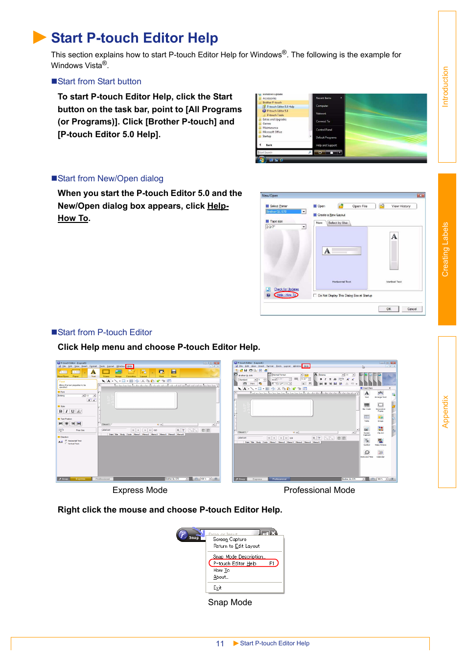 Start p-touch editor help | Brother QL-1060N User Manual | Page 11 / 41