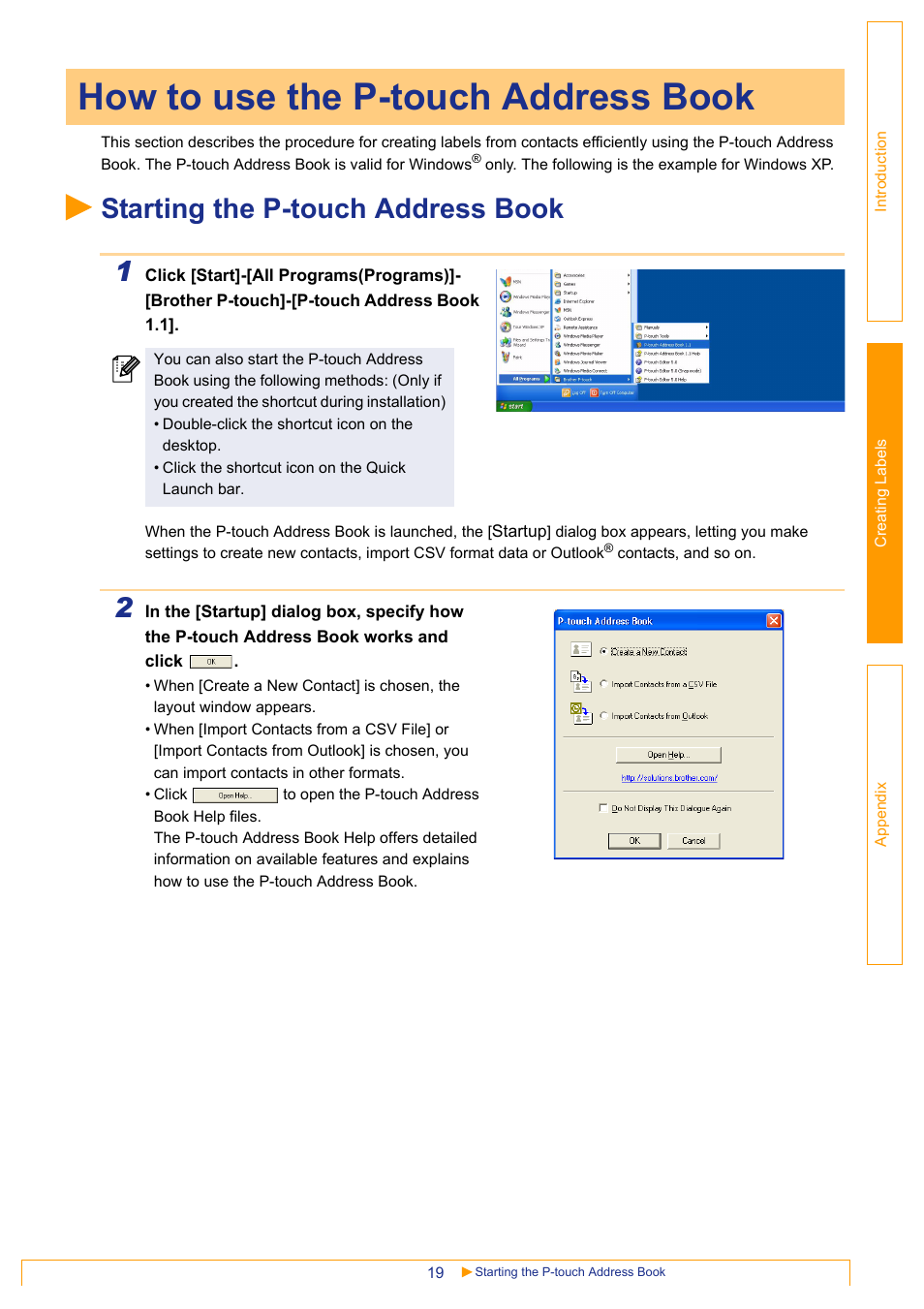 How to use the p-touch address book, Starting the p-touch address book, Starting the p-touch address book 1 | Brother QL-1060N User Manual | Page 19 / 41