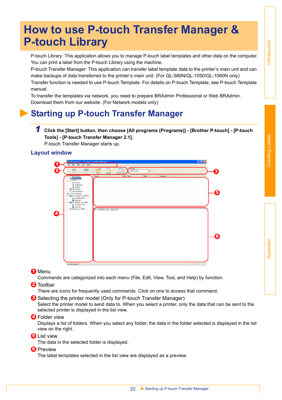 Starting up p-touch transfer manager, Starting up p-touch transfer manager 1 | Brother QL-1060N User Manual | Page 22 / 41