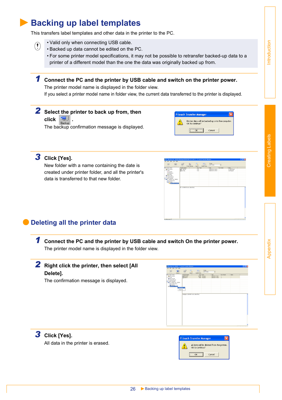 Backing up label templates, Deleting all the printer data | Brother QL-1060N User Manual | Page 26 / 41