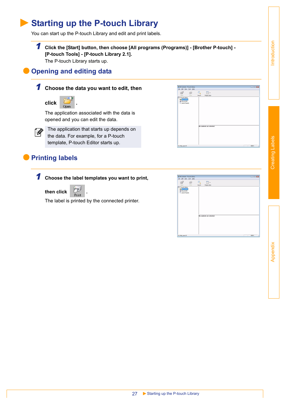 Starting up the p-touch library, Opening and editing data, Printing labels | Brother QL-1060N User Manual | Page 27 / 41