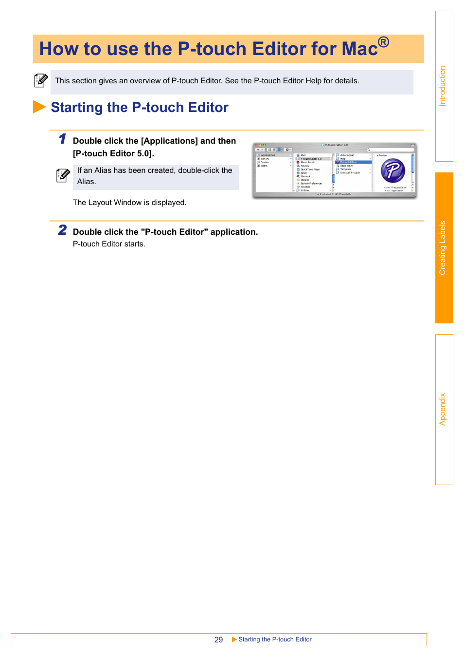 How to use the p-touch editor for mac, Starting the p-touch editor, Starting the p-touch editor 1 | Brother QL-1060N User Manual | Page 29 / 41