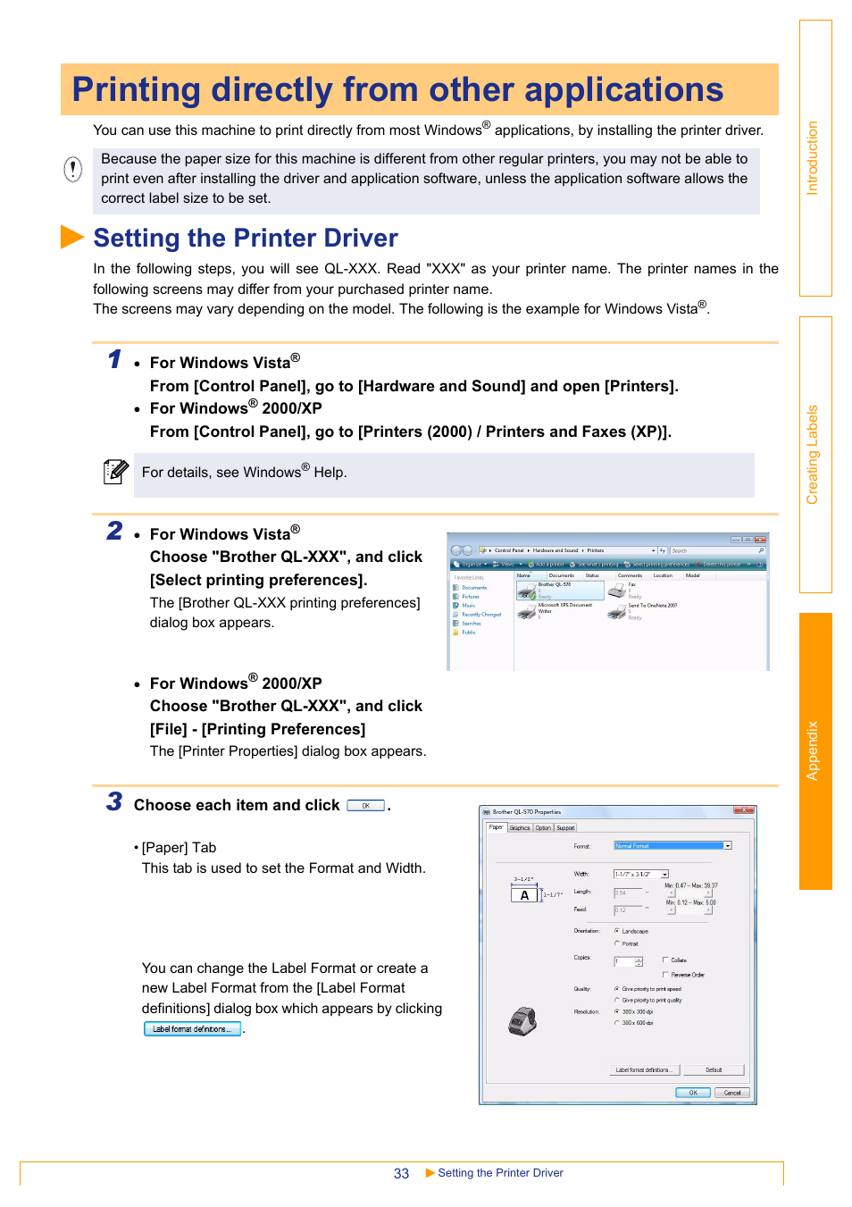 Printing directly from other applications, Setting the printer driver | Brother QL-1060N User Manual | Page 33 / 41