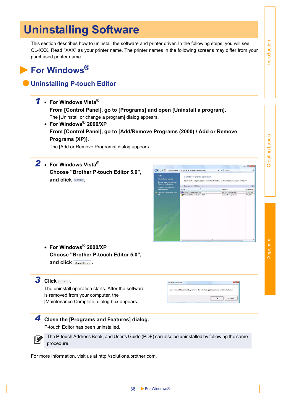 Uninstalling software, For windows, Uninstalling p-touch editor | Brother QL-1060N User Manual | Page 36 / 41