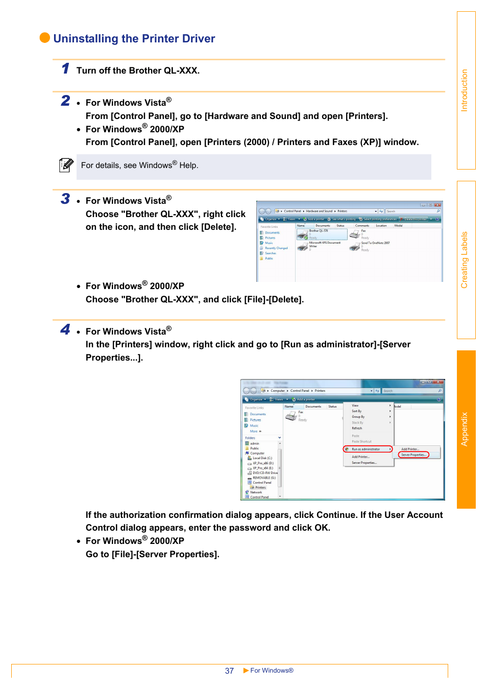 Uninstalling the printer driver | Brother QL-1060N User Manual | Page 37 / 41