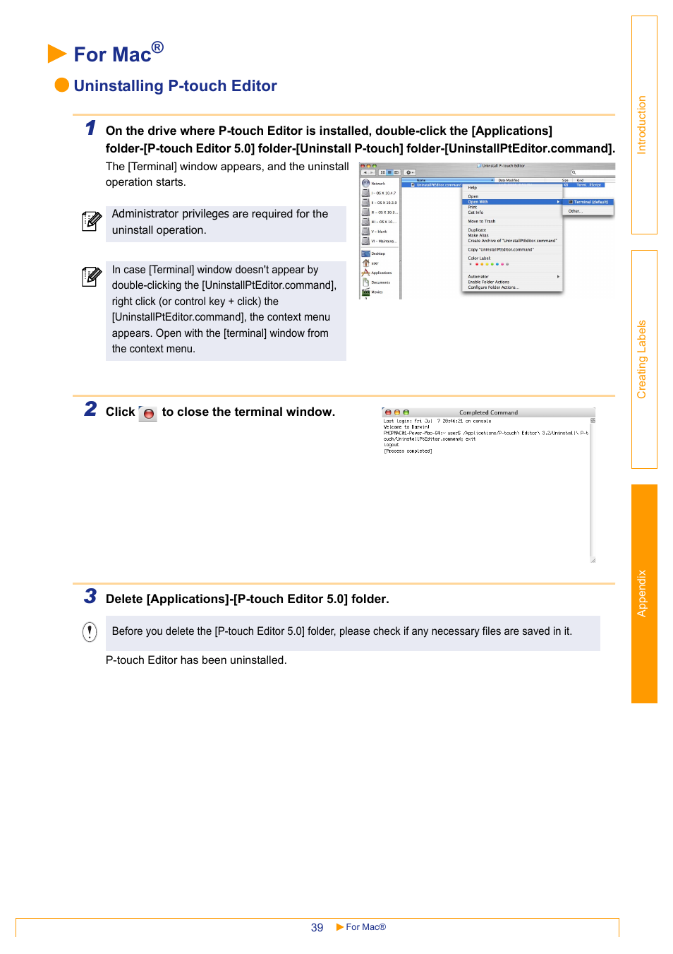 For mac, Uninstalling p-touch editor | Brother QL-1060N User Manual | Page 39 / 41