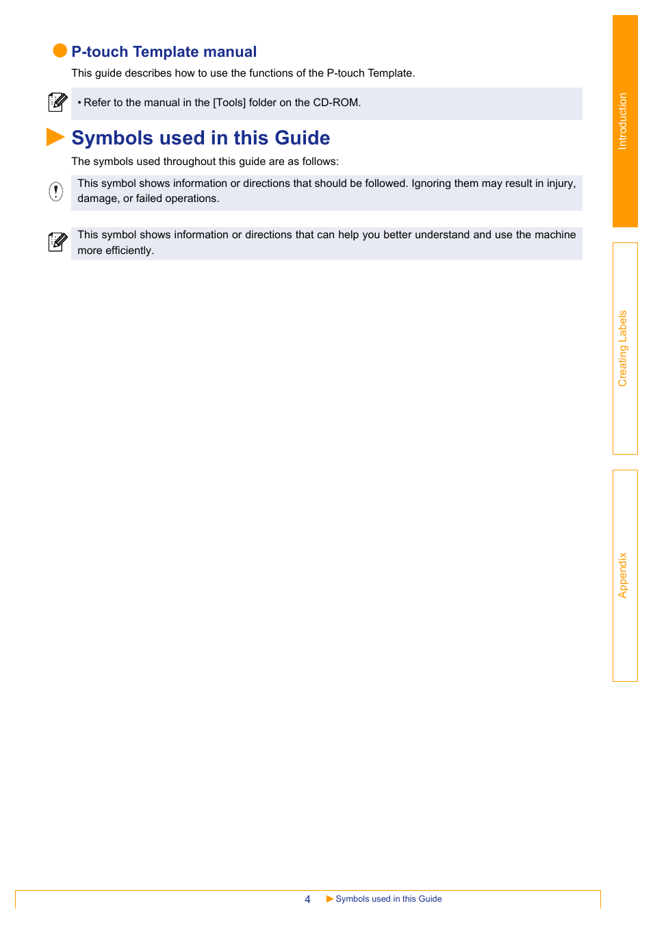 Symbols used in this guide, P-touch template manual | Brother QL-1060N User Manual | Page 4 / 41