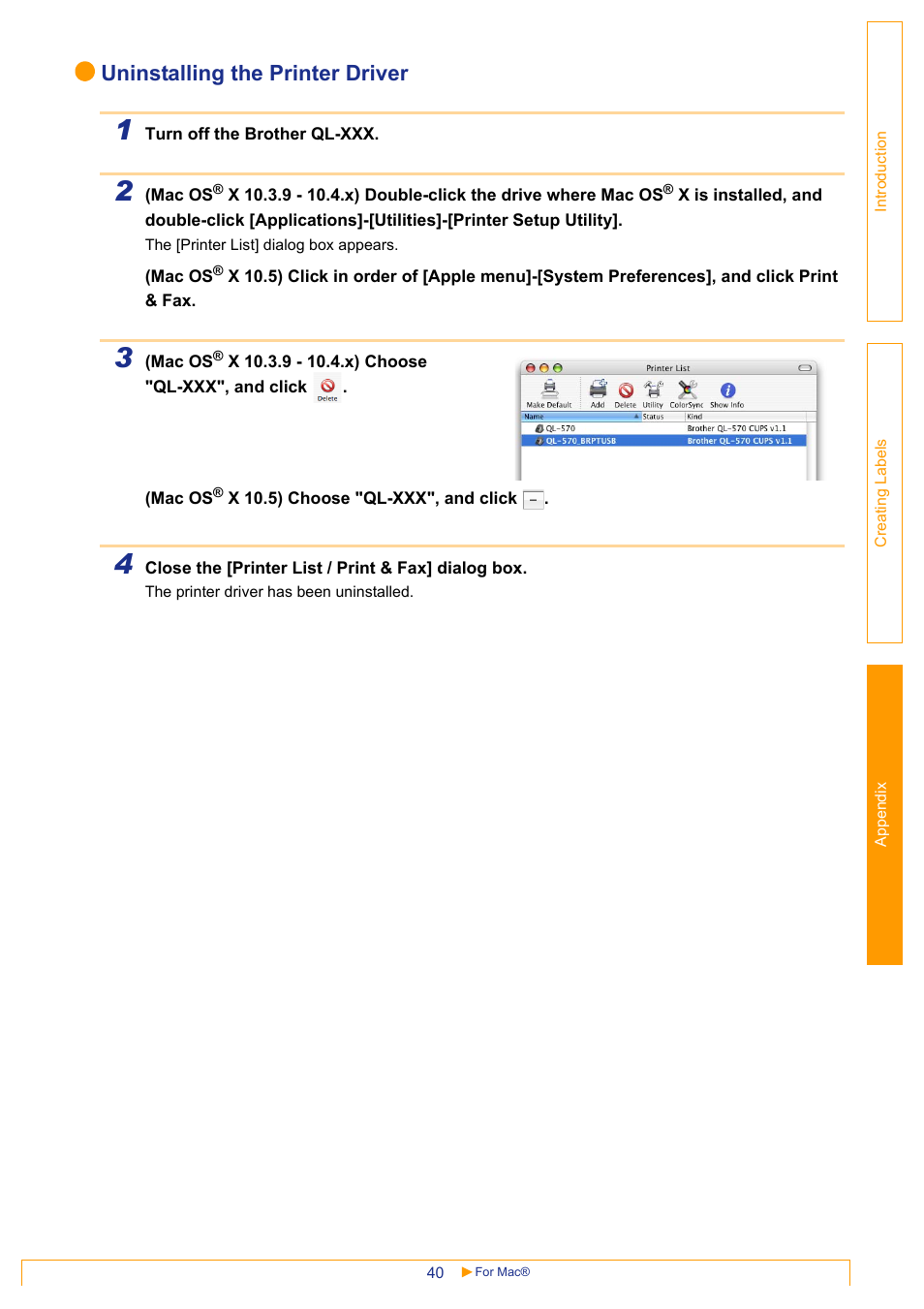 Uninstalling the printer driver | Brother QL-1060N User Manual | Page 40 / 41