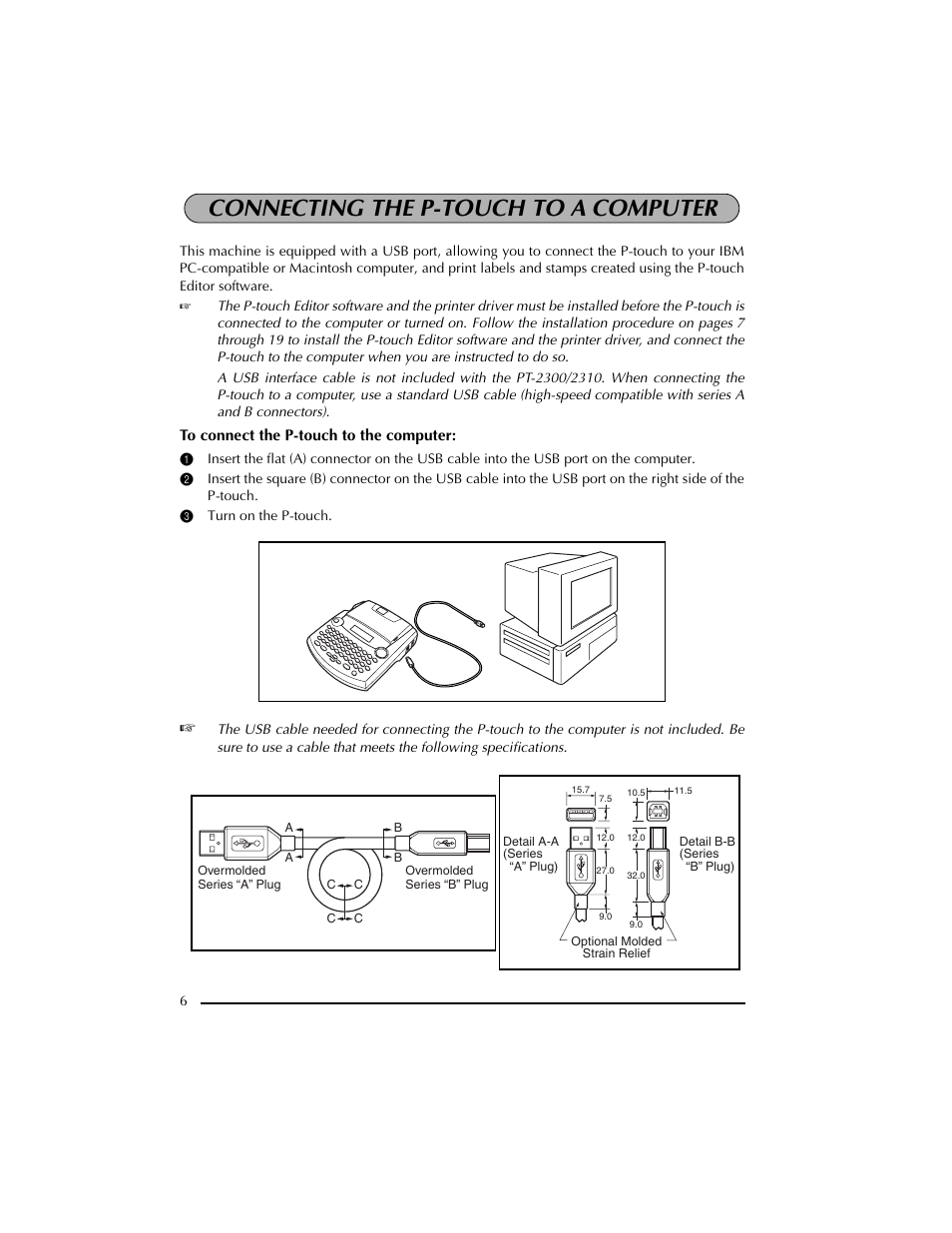 Connecting the p-touch to a computer, 3 turn on the p-touch | Brother PT-2300 User Manual | Page 10 / 143