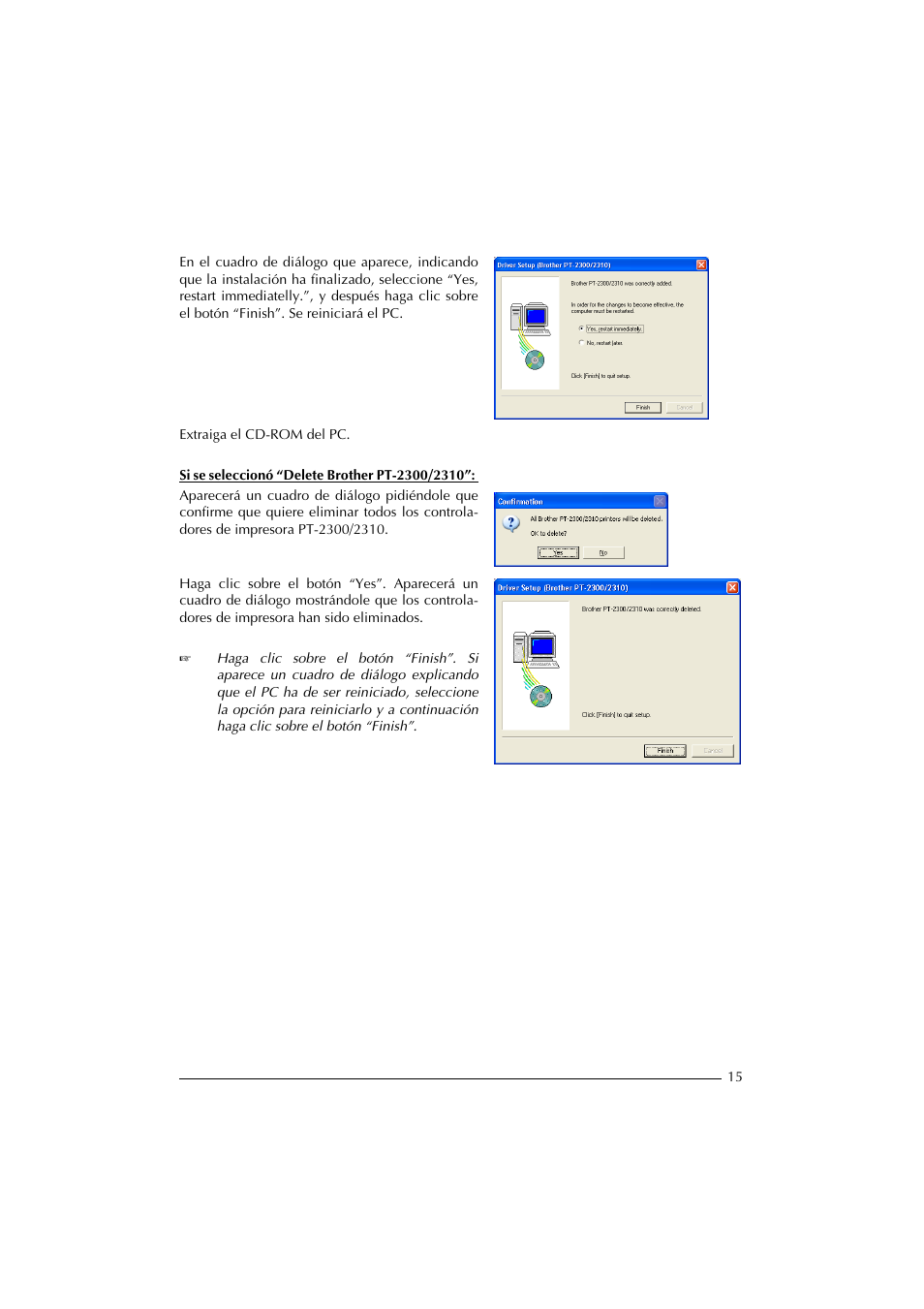 Extraiga el cd-rom del pc, Si se seleccionó “delete brother pt-2300/2310 | Brother PT-2300 User Manual | Page 100 / 143