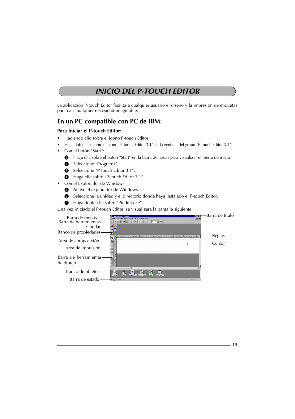 Inicio del p-touch editor, En un pc compatible con pc de ibm, 2 seleccione “programs | 3 seleccione “p-touch editor 3.1, 4 haga clic sobre “p-touch editor 3.1, 1 active el explorador de windows, 3 haga doble clic sobre “ptedit3.exe, Barra de título | Brother PT-2300 User Manual | Page 104 / 143