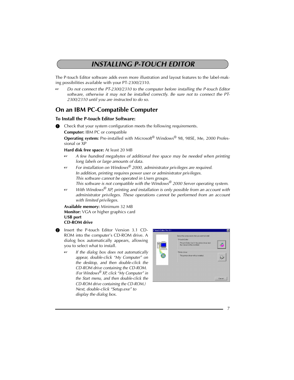 Installing p-touch editor, On an ibm pc-compatible computer | Brother PT-2300 User Manual | Page 11 / 143