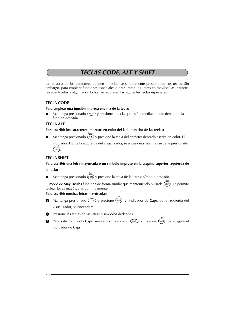 Teclas code, alt y shift | Brother PT-2300 User Manual | Page 111 / 143