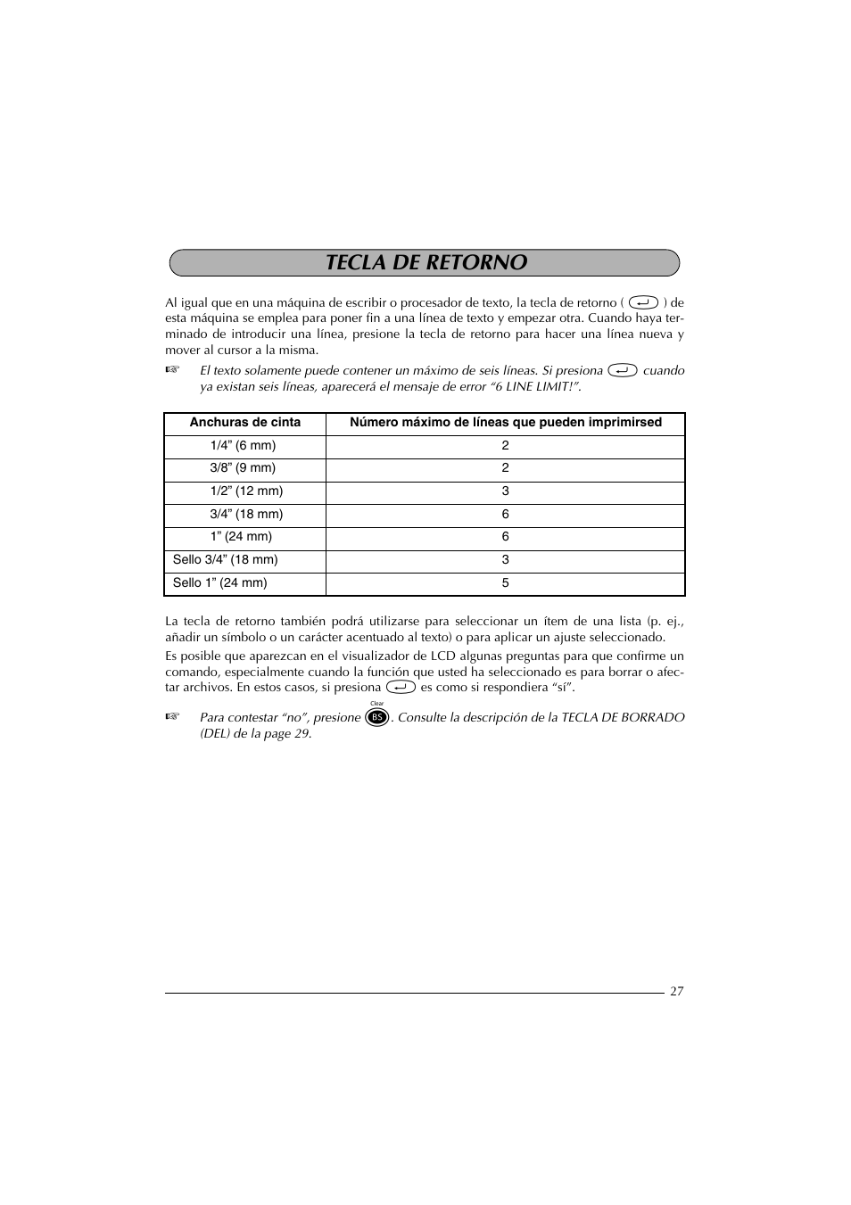 Tecla de retorno | Brother PT-2300 User Manual | Page 112 / 143