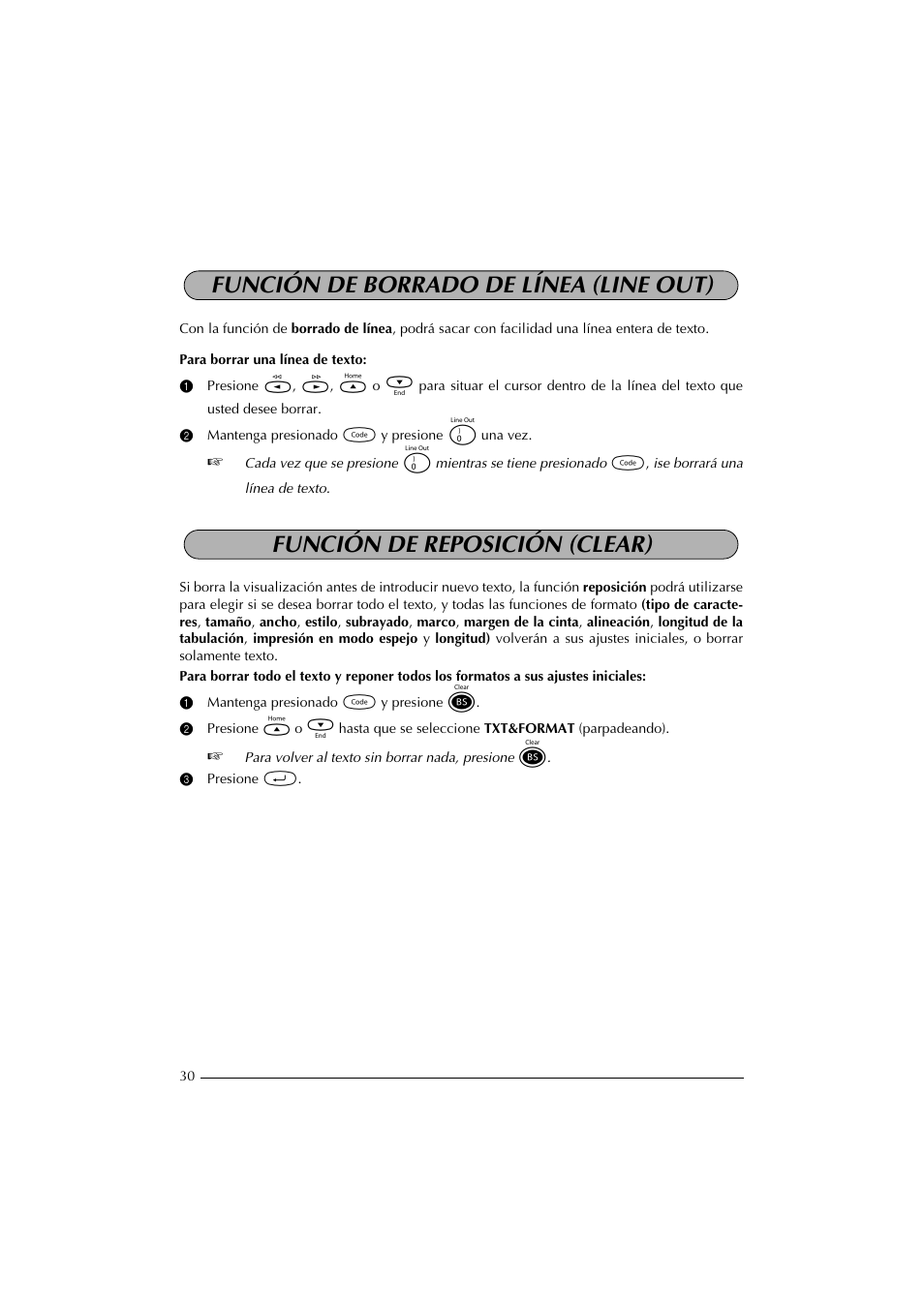 Función de borrado de línea (line out), 2 mantenga presionado c y presione 0 una vez, Función de reposición (clear) | 1 mantenga presionado c y presione, 3 presione r | Brother PT-2300 User Manual | Page 115 / 143